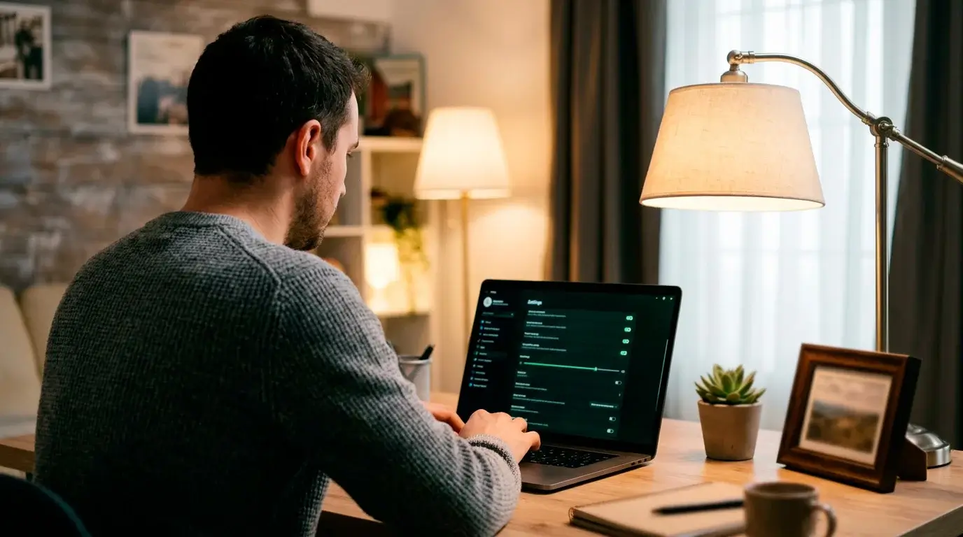 Person sitting at a desk reviewing responsible gambling settings on a laptop screen