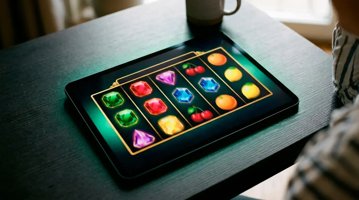 Online slot machine reels displaying colourful symbols on a casino game screen