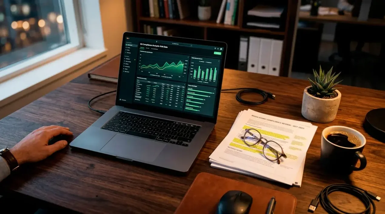 Overhead view of an analyst workspace with compliance documents and a laptop displaying data charts